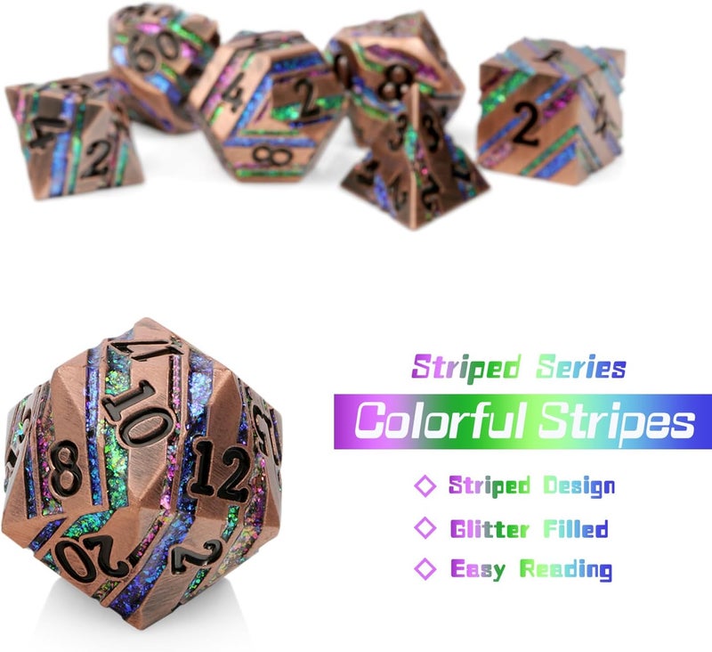 DNDND Stripe Metal Dice, Metallic Glitter Stripes DND Dice with Gift Metal Box for Dungeons and Dragons Tabletop Game (Colorful Stripes) - Image 4